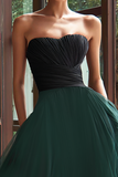 Vestido Formal Largo Sin Tirantes de Tul Negro y Verde