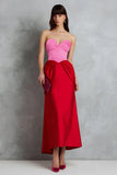 Vestido formal midi de satén rojo y fucsia