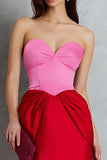 Vestido formal midi de satén rojo y fucsia