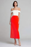 Vestido formal midi con hombros descubiertos en marfil y naranja