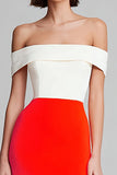 Vestido formal midi con hombros descubiertos en marfil y naranja