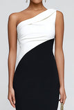 Vestido Formal Largo Simple de Un Hombro con Patchwork en Blanco y Negro