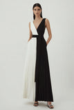 Vestido Formal Largo de Línea A con Cuello en V Plisado en Blanco y Negro
