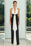 Vestido largo formal con cuello en V profundo y negro y blanco