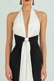 Vestido largo formal con cuello en V profundo y negro y blanco