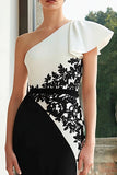 Vestido formal de sirena con apliques de un solo hombro en blanco y negro