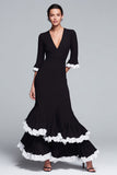 Vestido largo formal de sirena con volantes y cuello en V en blanco y negro