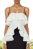Vestido largo formal fruncido con volantes de sirena en blanco y negro