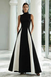 Elegante vestido formal largo de cuello alto en blanco y negro