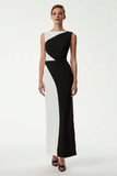 Vestido formal en blanco y negro con cuello barco