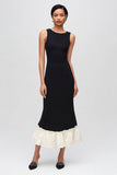 Vestido Formal Midi con Volantes en Blanco y Negro con Cuello Redondo de Sirena