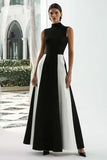 Vestido Formal Largo Blanco y Negro de Cuello Alto A-Line