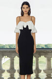 Vestido formal midi en blanco y negro con volantes y hombros descubiertos ajustados