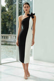 Vestido formal midi ajustado de un hombro en blanco y negro con lazo