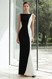 Vestido largo formal en blanco y negro con cuello barco de sirena