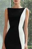 Vestido largo formal en blanco y negro con cuello barco de sirena