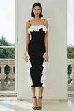 Vestido formal midi con volantes en blanco y negro
