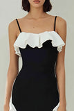 Vestido formal midi con volantes en blanco y negro