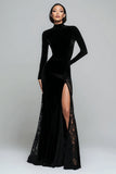 Vestido Formal Largo de Sirena de Cuello Alto de Terciopelo Negro con Encaje