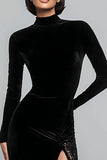 Vestido Formal Largo de Sirena de Cuello Alto de Terciopelo Negro con Encaje