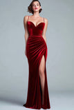 Vestido Formal Largo de Tirantes de Espagueti de Terciopelo de Sirena Burdeos con Abertura