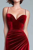 Vestido Formal Largo de Tirantes de Espagueti de Terciopelo de Sirena Burdeos con Abertura