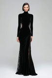 Vestido Formal Largo de Terciopelo de Cuello Alto de Sirena Negra con Encaje