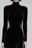 Vestido Formal Largo de Terciopelo de Cuello Alto de Sirena Negra con Encaje