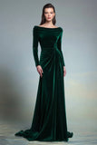 Vestido formal de manga larga con cuello barco de terciopelo tubo verde oscuro