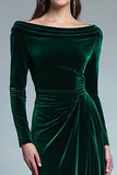 Vestido formal de manga larga con cuello barco de terciopelo tubo verde oscuro