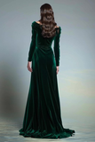 Vestido formal de manga larga con cuello barco de terciopelo tubo verde oscuro