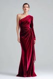 Vestido Formal Largo Fruncido de Terciopelo de Un Hombro de Sirena Burdeos