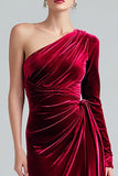 Vestido Formal Largo Fruncido de Terciopelo de Un Hombro de Sirena Burdeos