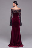 Vestido formal de sirena de terciopelo burdeos de manga larga con encaje