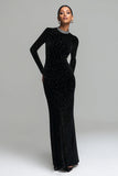 Vestido formal de terciopelo negro brillante con cuentas
