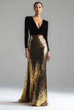 Vestido largo formal con cuello en V dorado y negro brillante