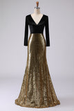 Vestido largo formal con cuello en V dorado y negro brillante