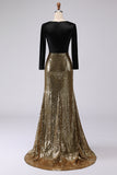 Vestido largo formal con cuello en V dorado y negro brillante