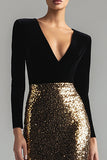 Vestido largo formal con cuello en V dorado y negro brillante