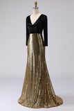 Vestido largo formal con cuello en V dorado y negro brillante