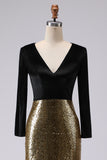 Vestido largo formal con cuello en V dorado y negro brillante