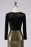 Vestido largo formal con cuello en V dorado y negro brillante