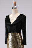 Vestido largo formal con cuello en V dorado y negro brillante