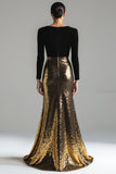 Vestido largo formal con cuello en V dorado y negro brillante