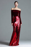 Vestido largo formal de terciopelo con hombros descubiertos y vaina burdeos