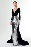 Vestido formal de manga larga con vaina de terciopelo negro y plateado con lentejuelas