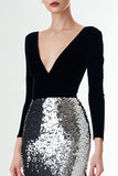 Vestido formal de manga larga con vaina de terciopelo negro y plateado con lentejuelas