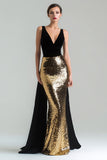 Vestido Largo Formal de Terciopelo con Cuello en V Dorado y Negro Sirena