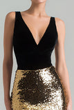 Vestido Largo Formal de Terciopelo con Cuello en V Dorado y Negro Sirena