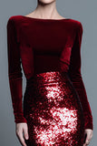 Vestido largo formal con cuello barco de sirena de terciopelo burdeos